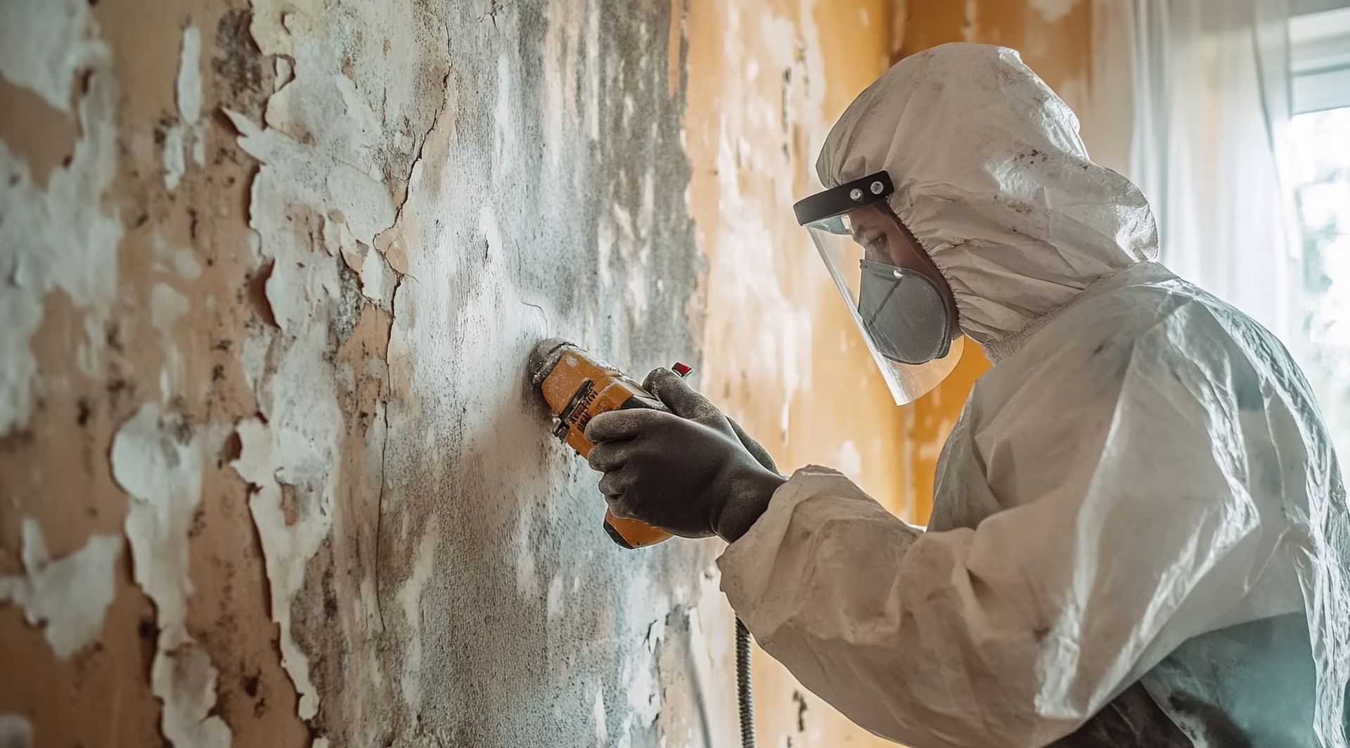 A man in a protective suit is working on a wall.