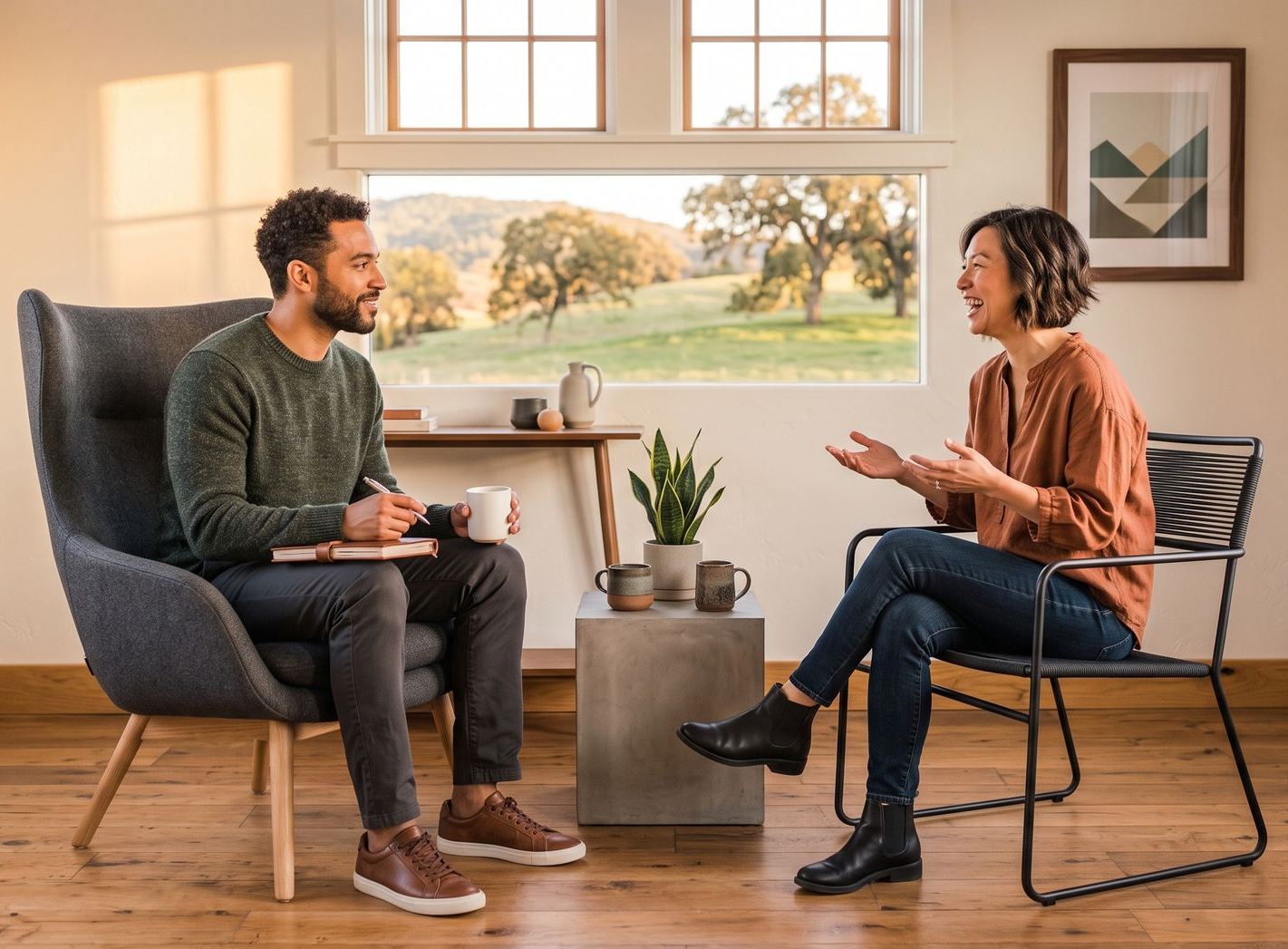 Two people talking in a sunlit room with chairs, a small table, and a large window.