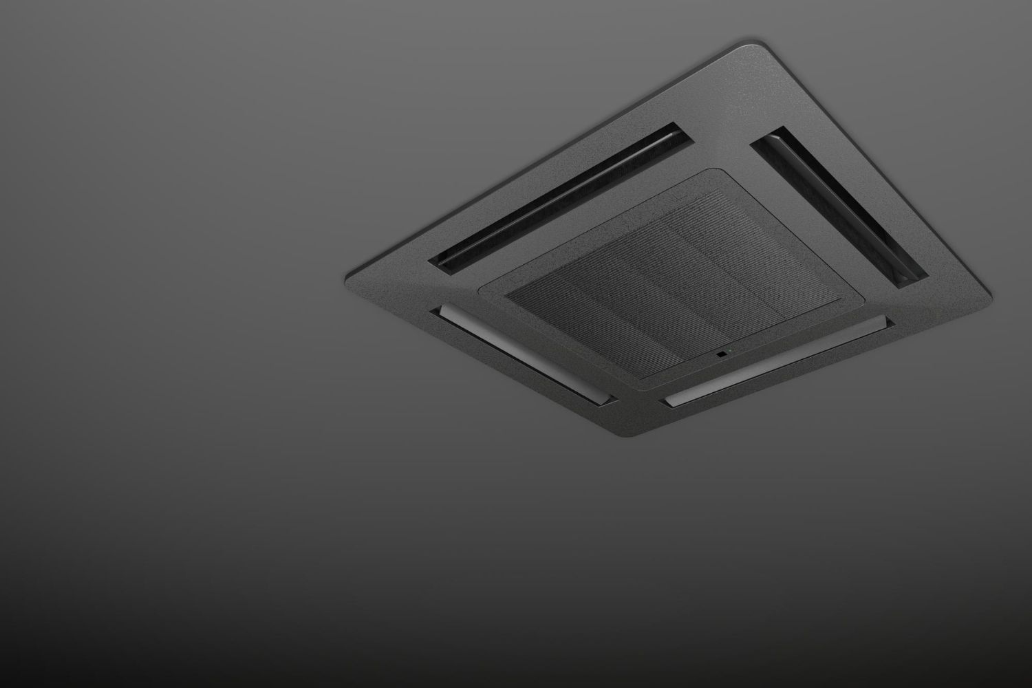 Ceiling-mounted air conditioning unit with vents, recessed into the dark ceiling.