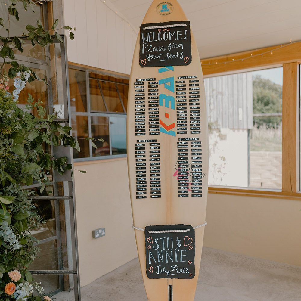 Surfboard with seating chart for a wedding.