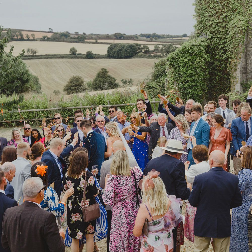 Wedding guests celebrating; couple exits ceremony with confetti. Fields and green foliage in background.
