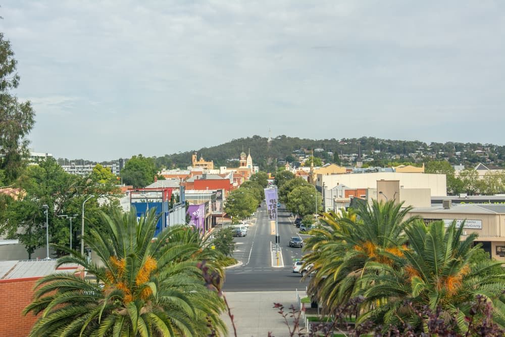 Aerial View of a City Street With Palm Trees and Buildings — Donaldson Plumbing & Excavations in Albury, VIC