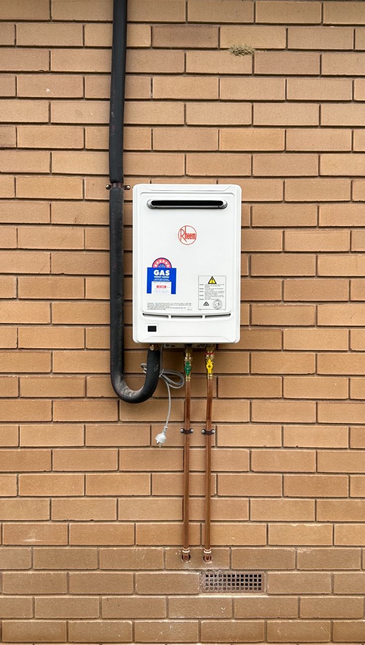 Gas Hot Water Heater Mounted on a Brick Wall — Donaldson Plumbing & Excavations in Baranduda, VIC