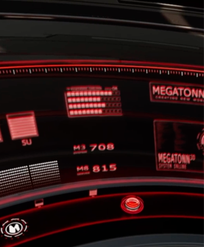 Red sci-fi dashboard display with glowing grids, numeric readouts, and “MEGATONN” labels