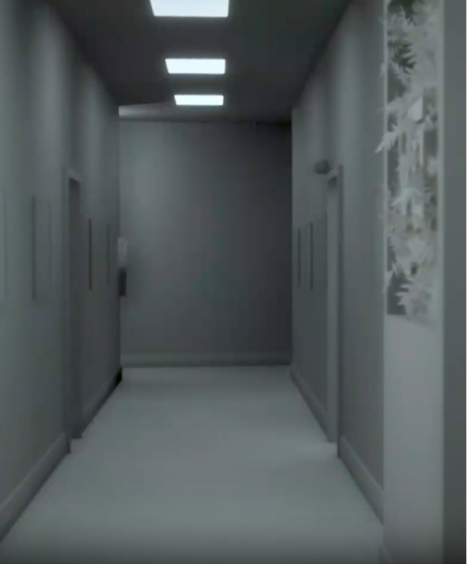 Empty gray hallway with bright ceiling lights and a white floor