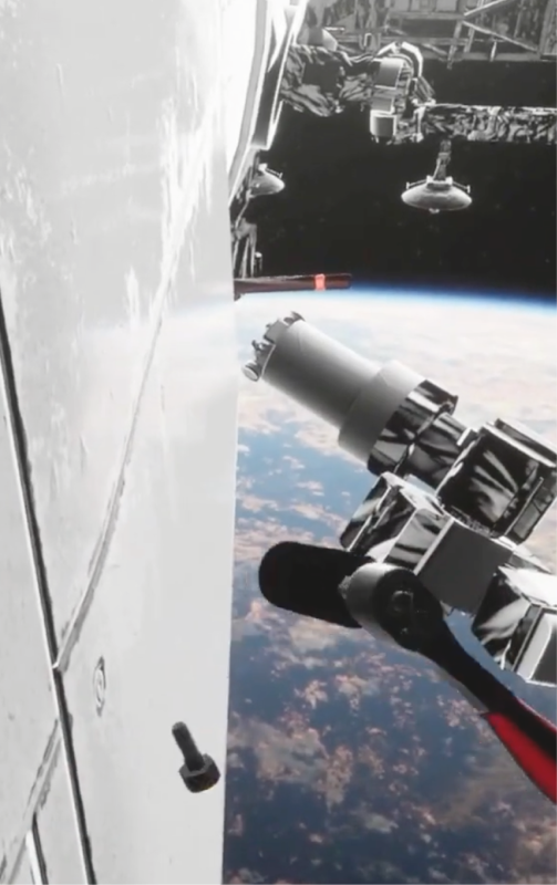 Astronaut outside a spacecraft, with Earth below and a robotic arm in view.
