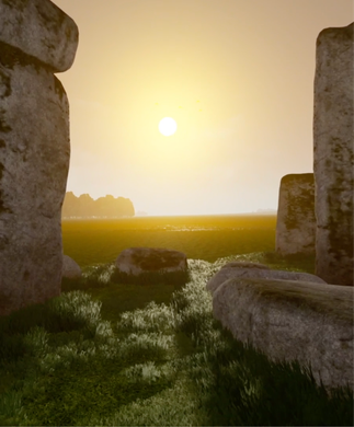 Sunrise over a grassy stone circle, with large standing stones framing the view and mist in the distance