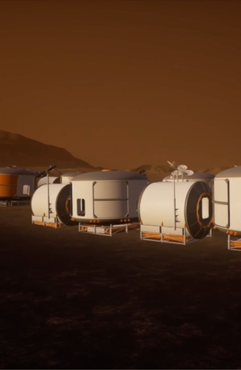 White cylindrical pods lined up on a dark rocky plain at dusk under an orange sky