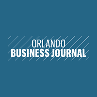 Orlando Business Journal logo on a blue background with white diagonal lines