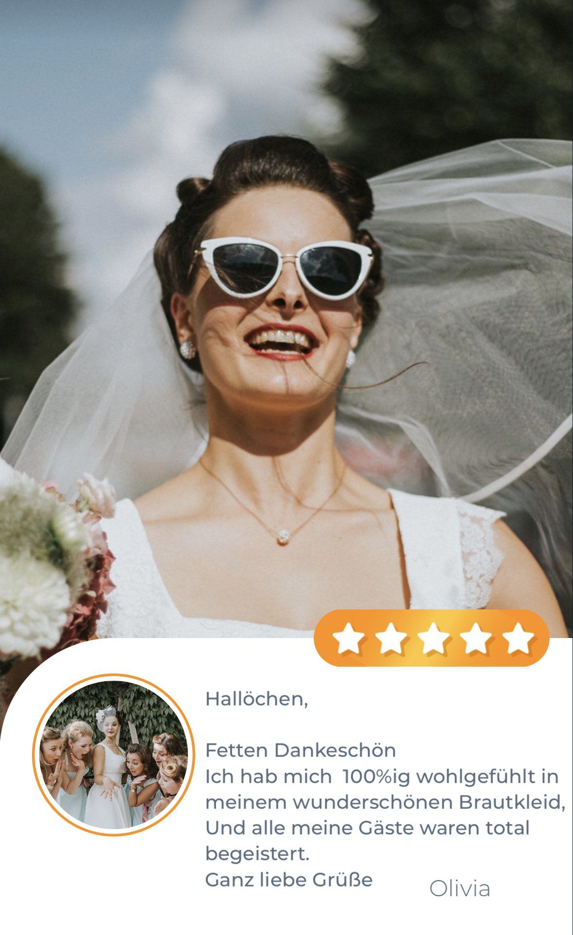 Eine Braut mit Sonnenbrille und Schleier lächelt.