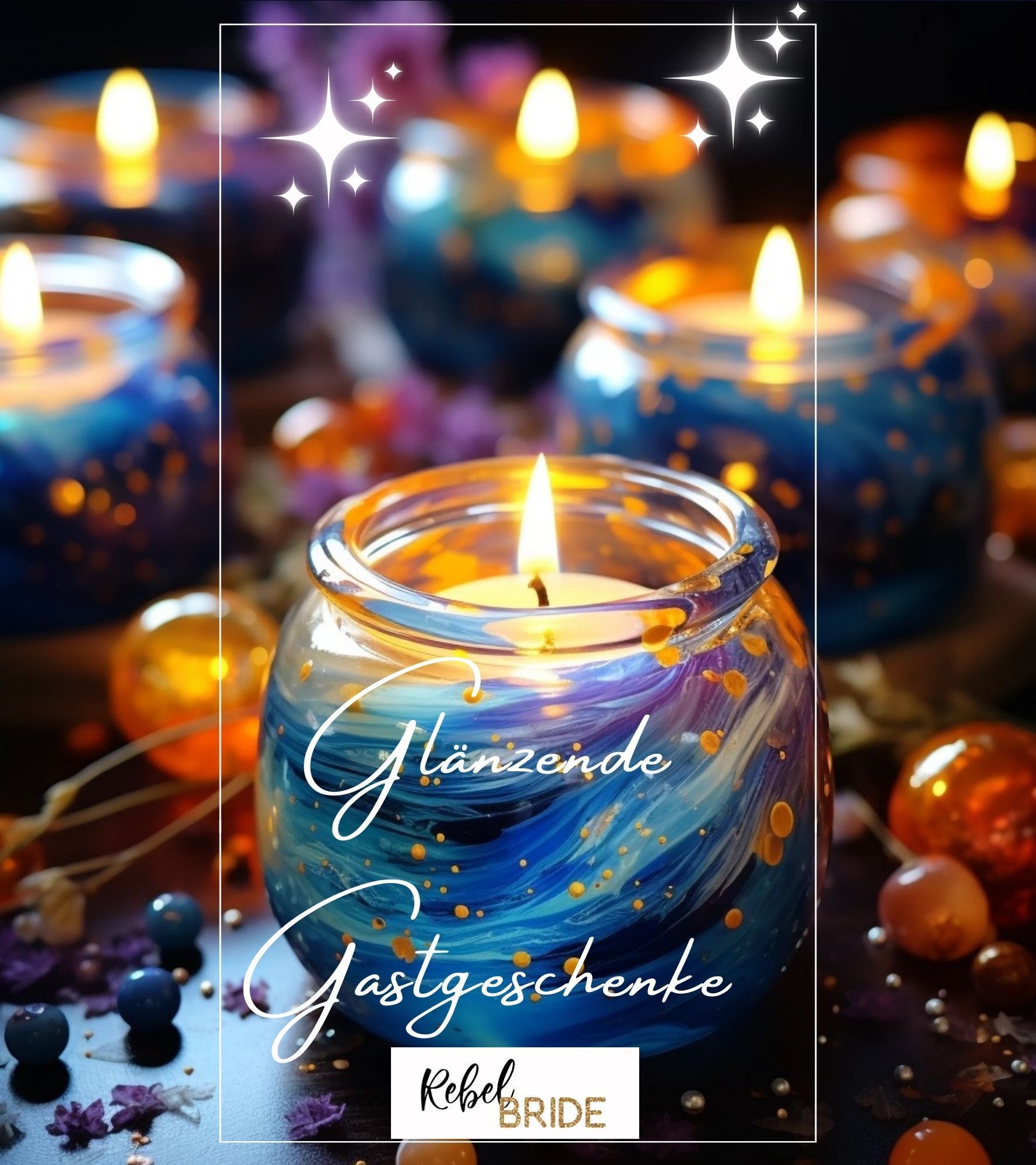 A candle in a glass jar with the words glänzende gastgeschenke written on it