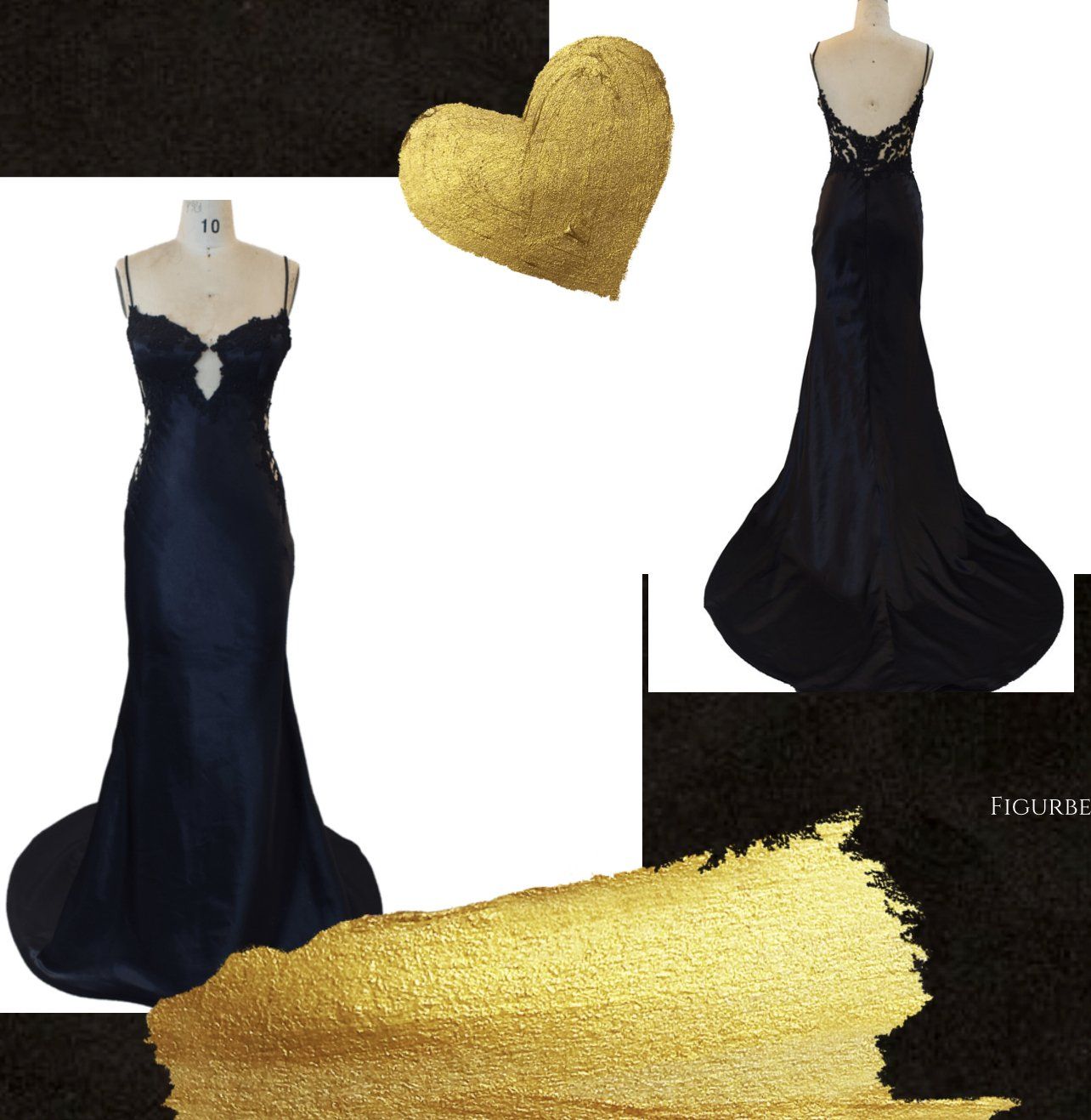 Ein schwarzes Kleid liegt auf einer Schaufensterpuppe neben einem goldenen Herzen