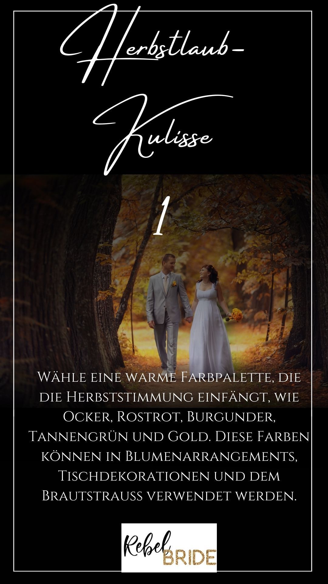 Eine Braut und ein Bräutigam gehen Hand in Hand durch einen Wald.