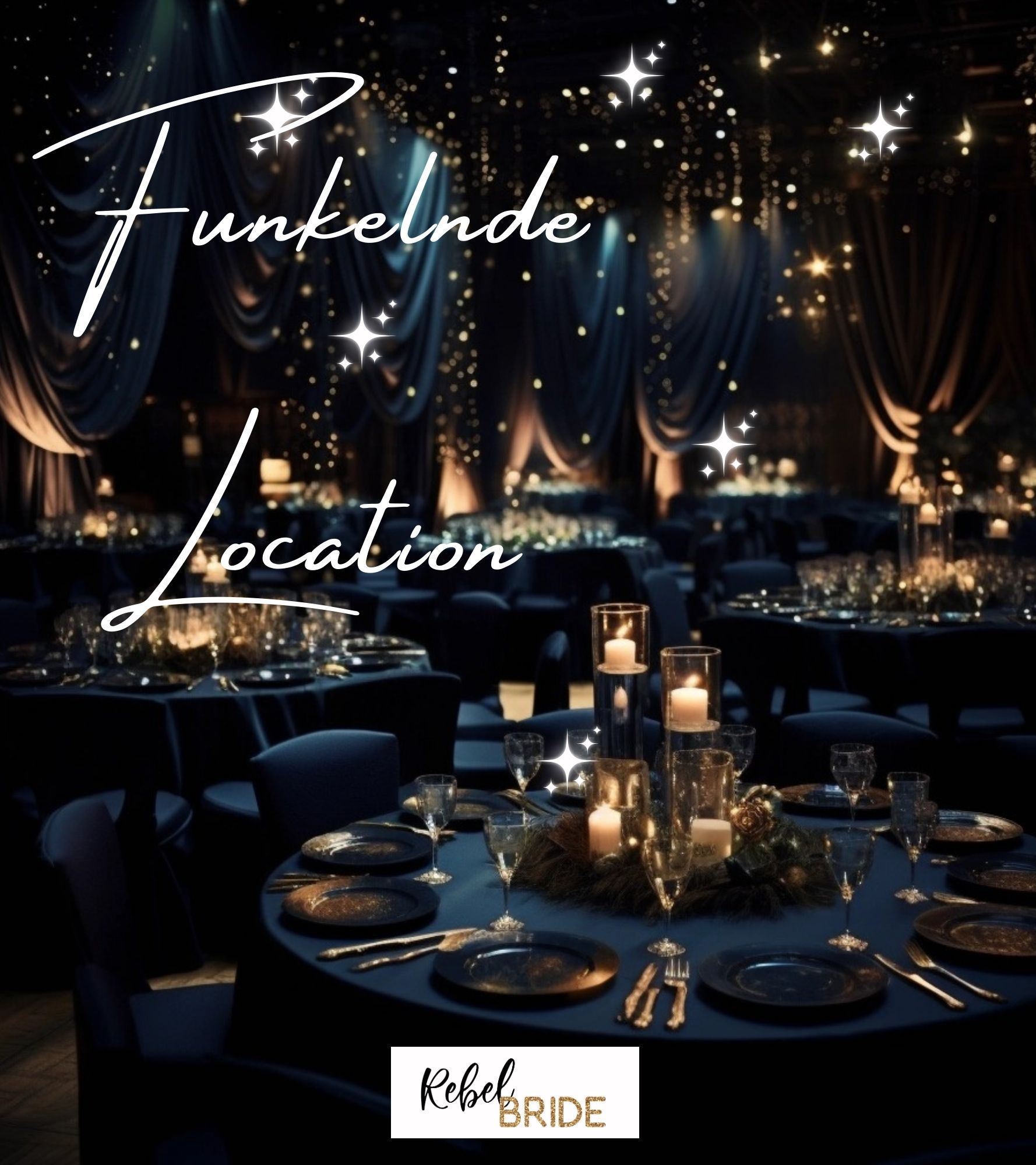 Ein großer Raum mit Tischen und Stühlen für eine Party mit der Aufschrift „funkelnde Location“ auf der Unterseite