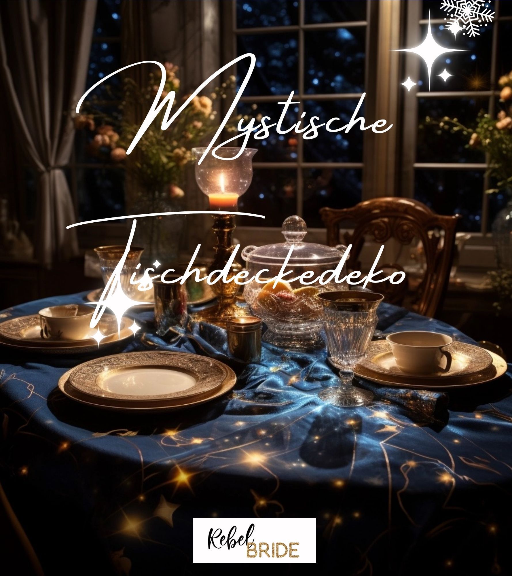 Ein Tisch mit Tellern, Tassen und Kerzen darauf.