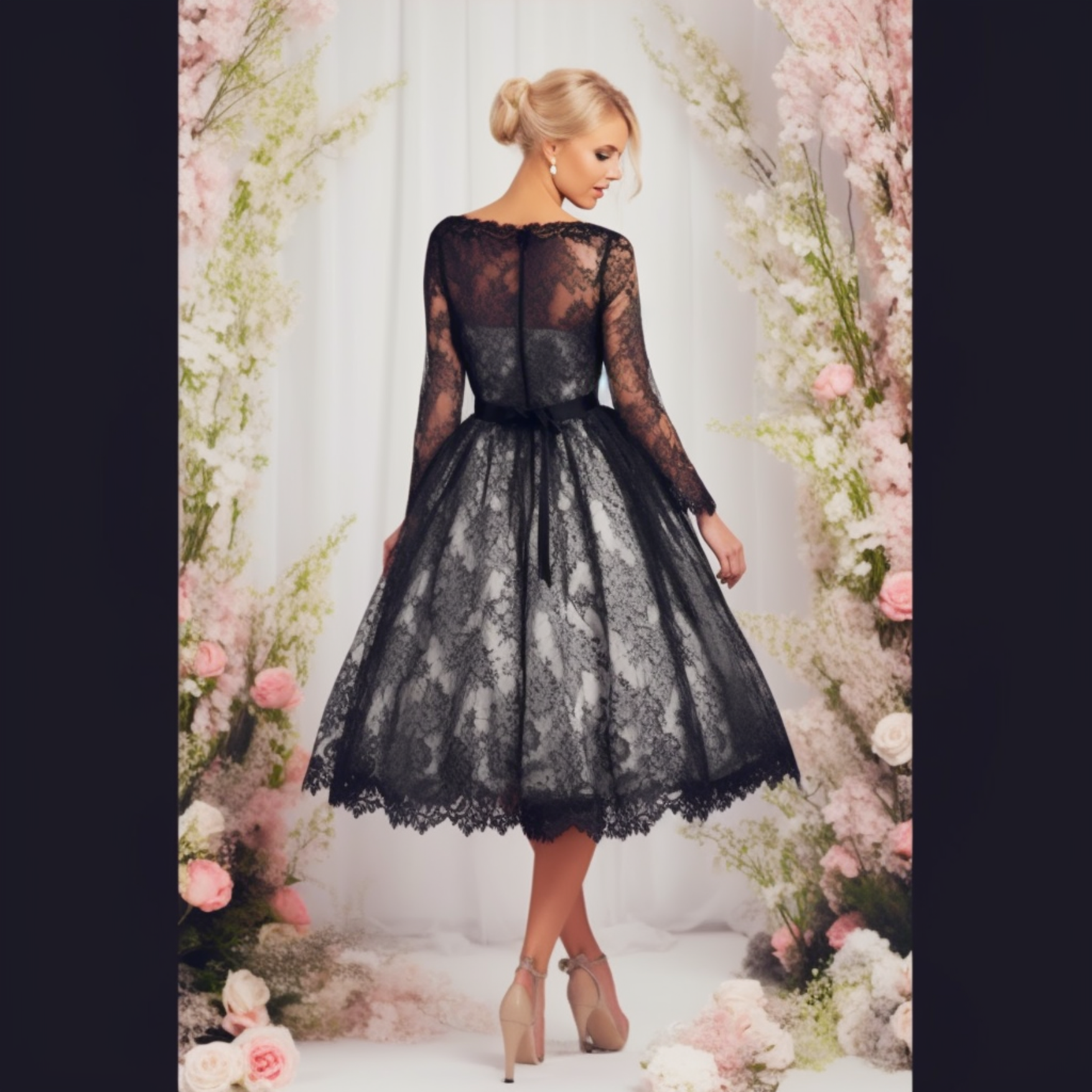 Eine Frau in einem schwarzen Spitzenkleid steht vor Blumen