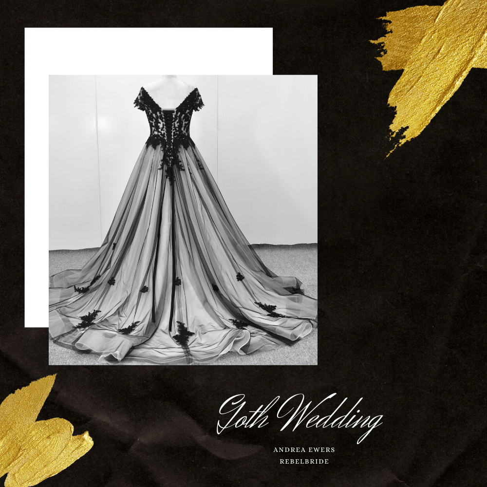 Ein schwarz-goldenes Gothic-Brautkleid auf einer Schaufensterpuppe