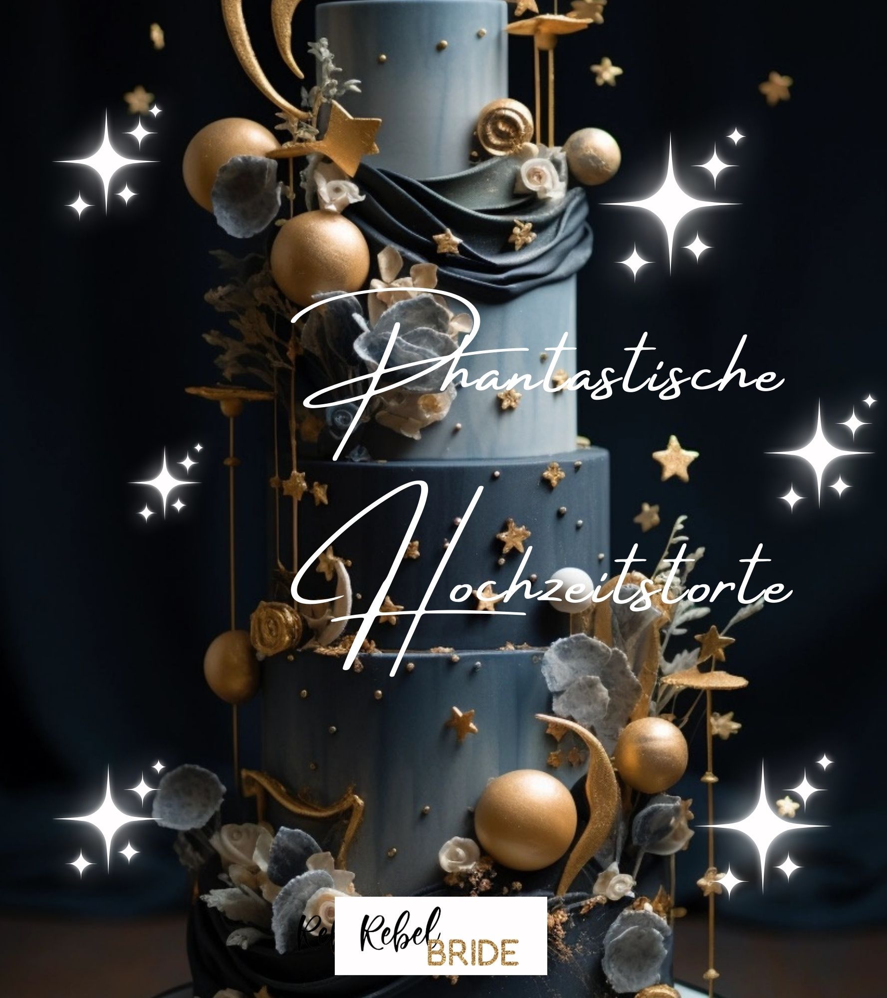 Eine blau-goldene Hochzeitstorte mit Sternen und Blumen darauf.