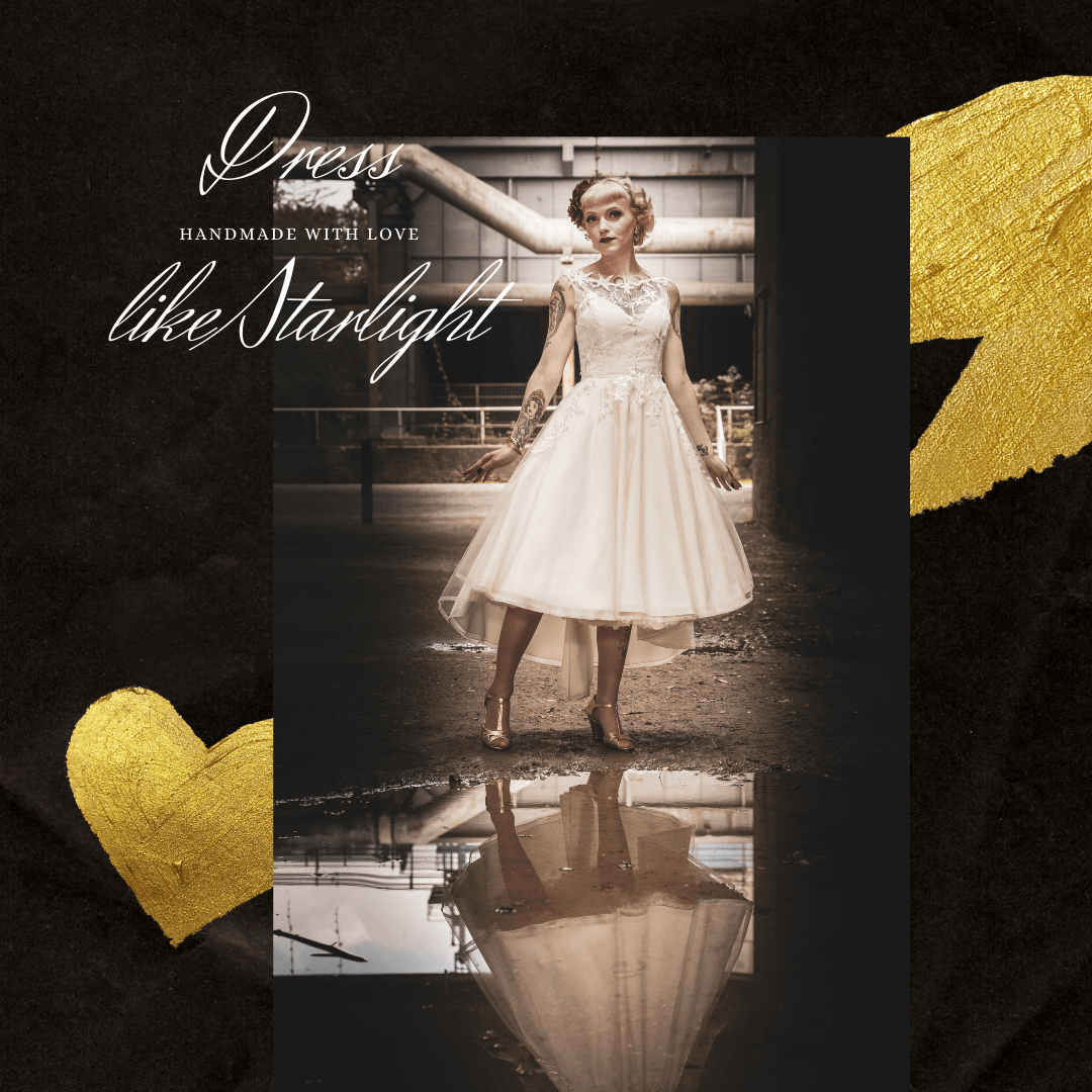 Eine Frau in einem weißen Kleid ist auf dem Cover eines Buches mit dem Titel „Dress Like Starlight“ zu sehen.