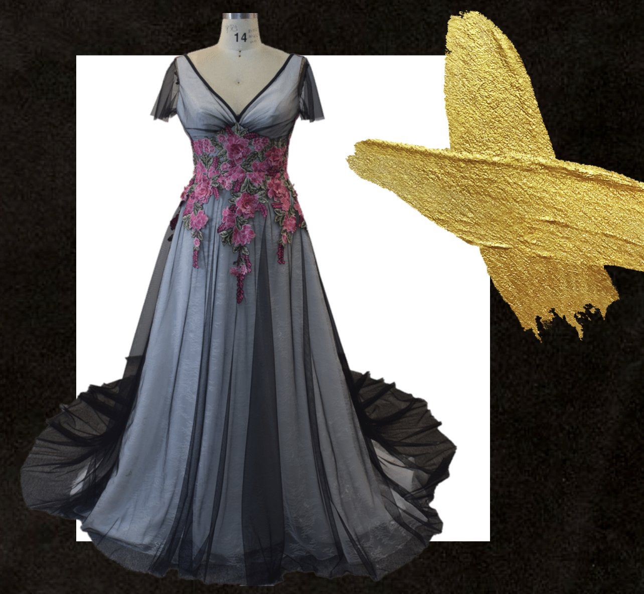 Eine Schaufensterpuppe trägt ein graues Kleid mit rosa Blumen darauf