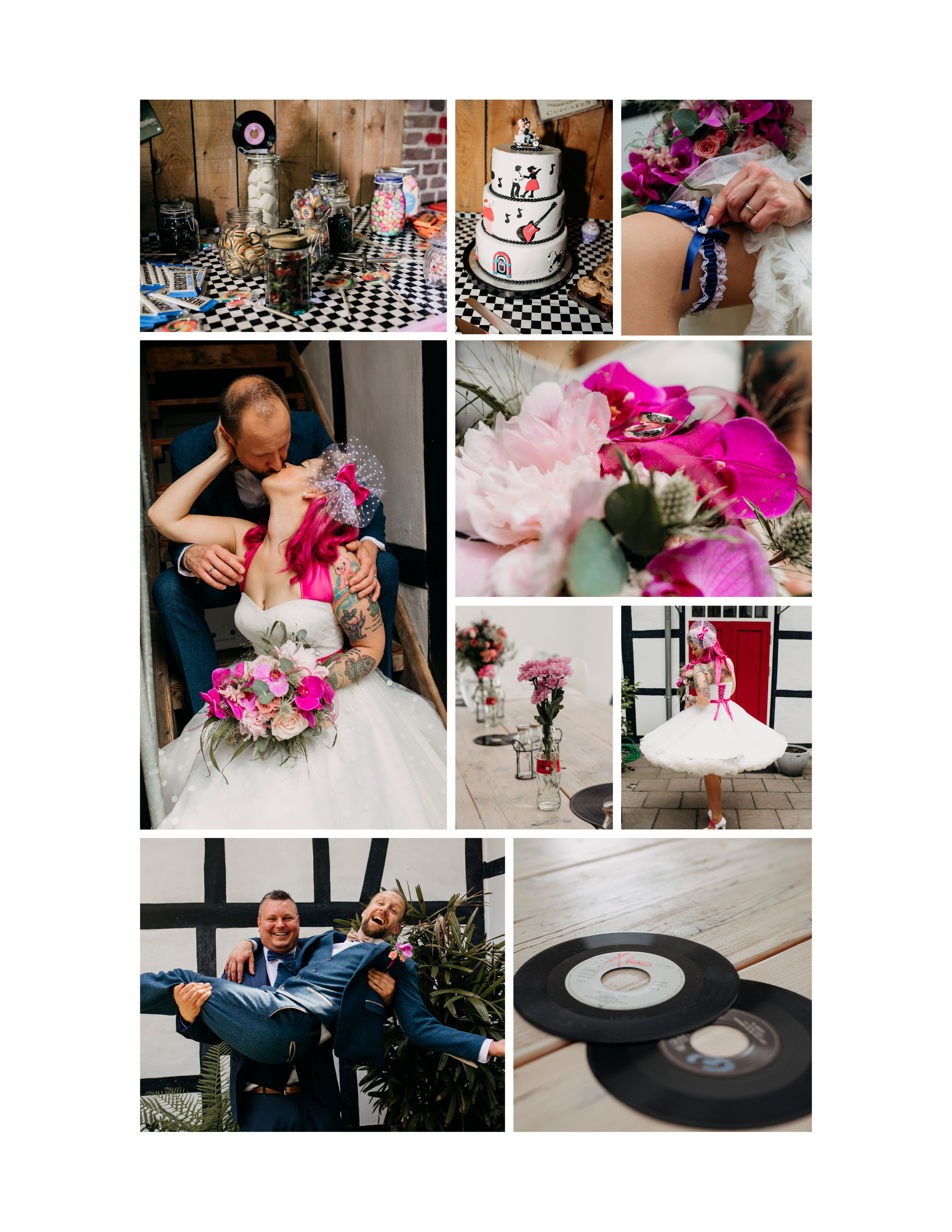 Eine Collage aus Fotos einer Braut und eines Bräutigams bei ihrer Hochzeit.