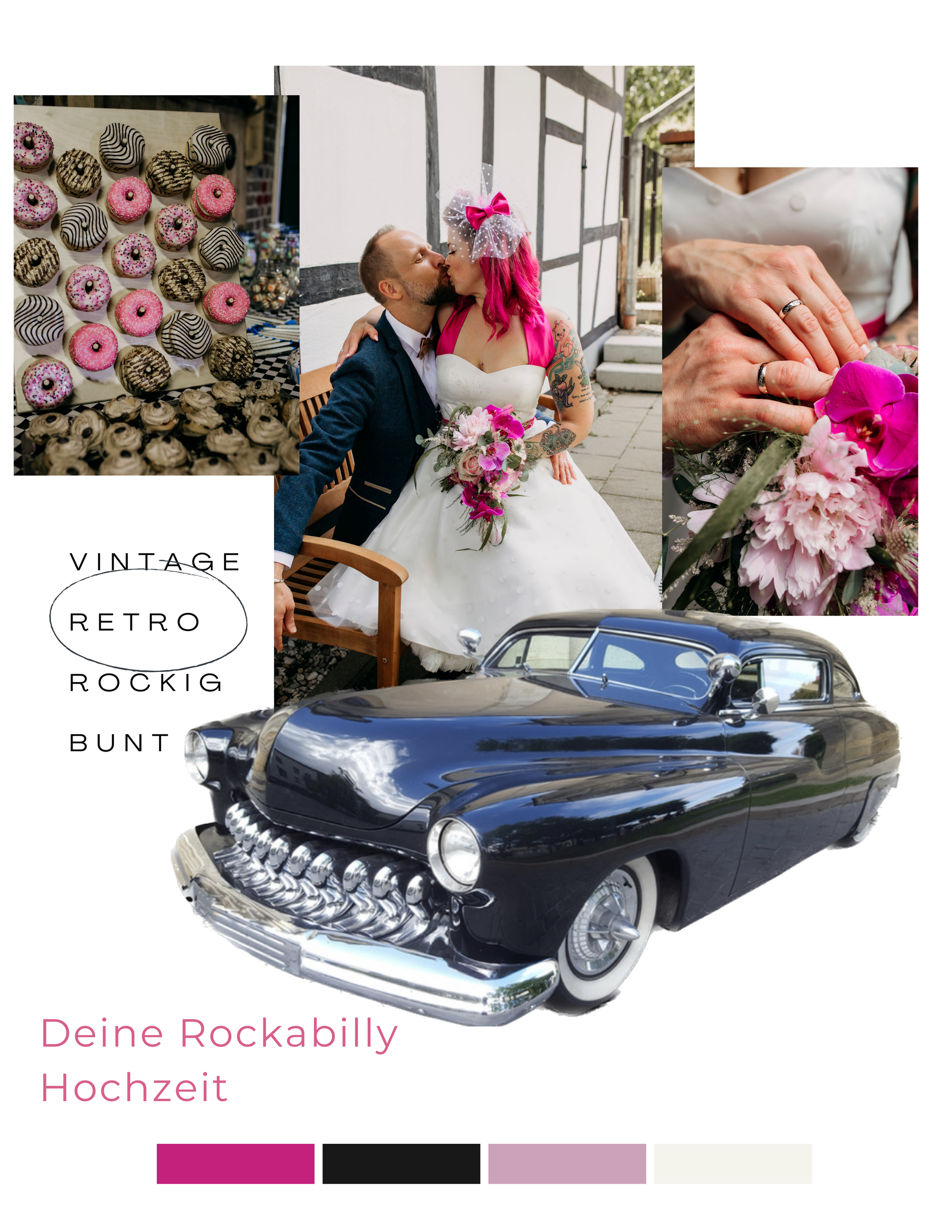 Eine Collage aus Fotos von Braut und Bräutigam und einem Auto.