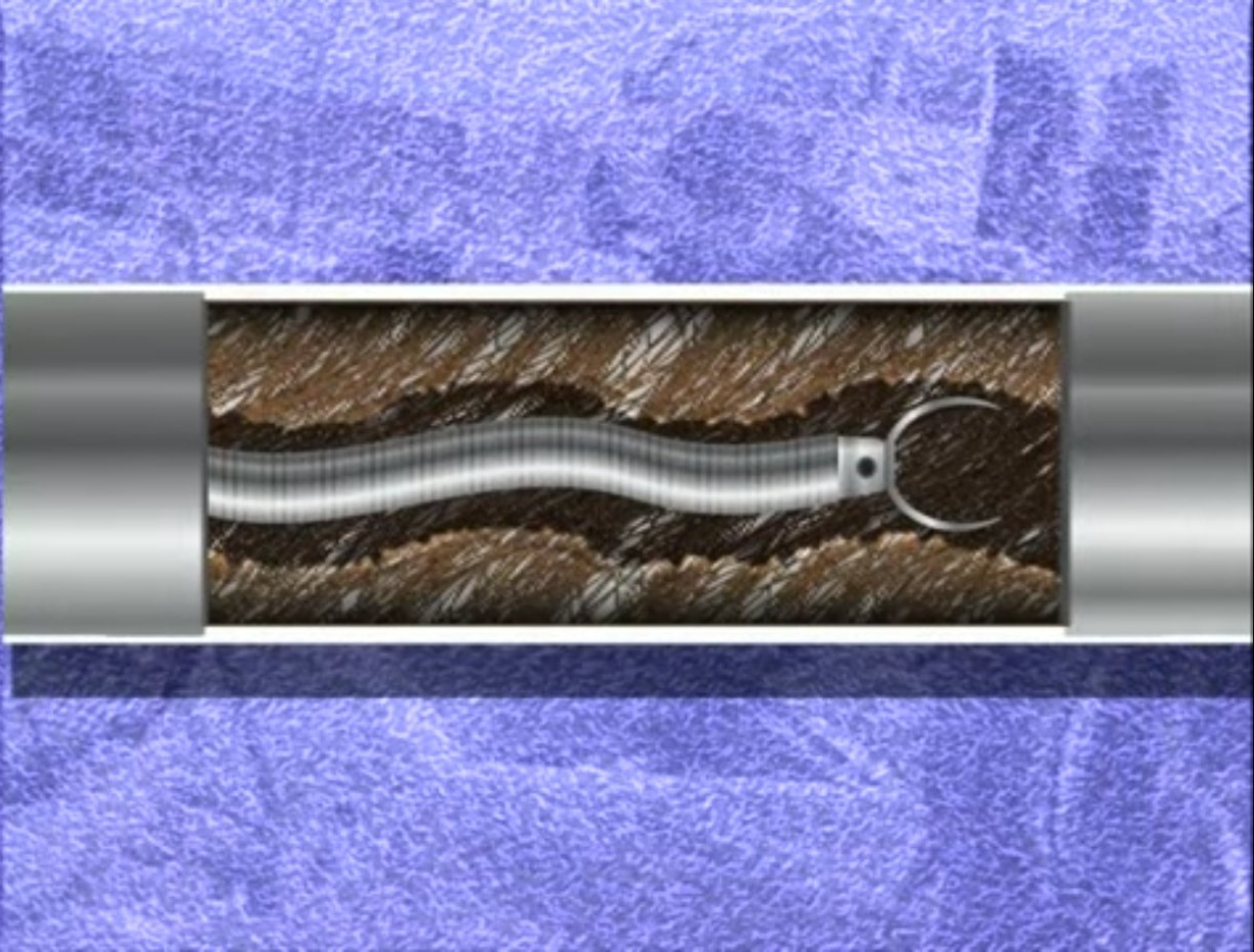 Flexible drain snake inside a pipe clearing debris, illustration.