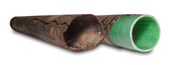 A sectioned pipe with an old, cracked outer layer and a new, green inner layer. — FlowWise in Maroochydore, QLD