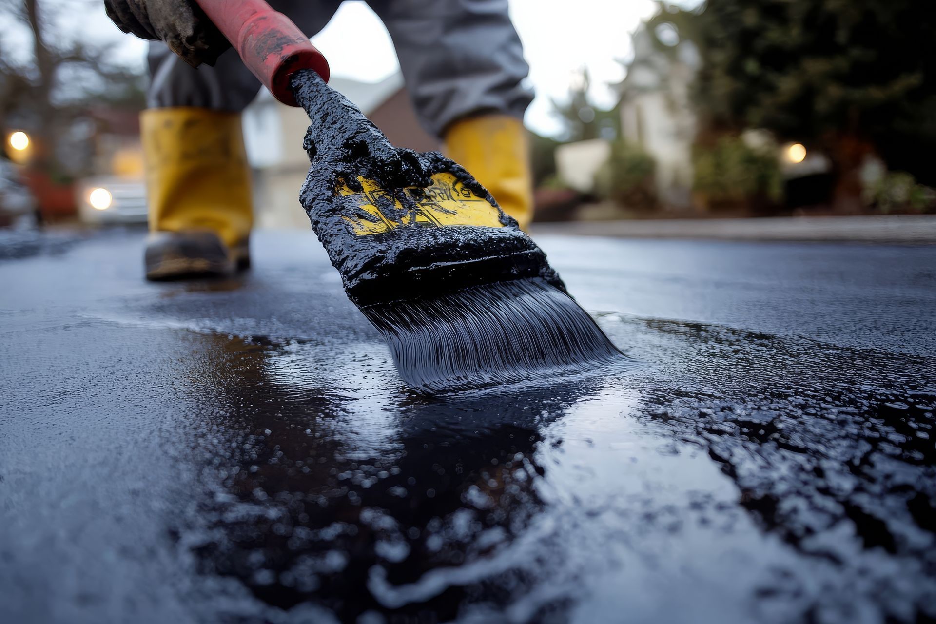 Person applying black sealant to a driveway with a brush. They wear protective gear in an outdoor setting.