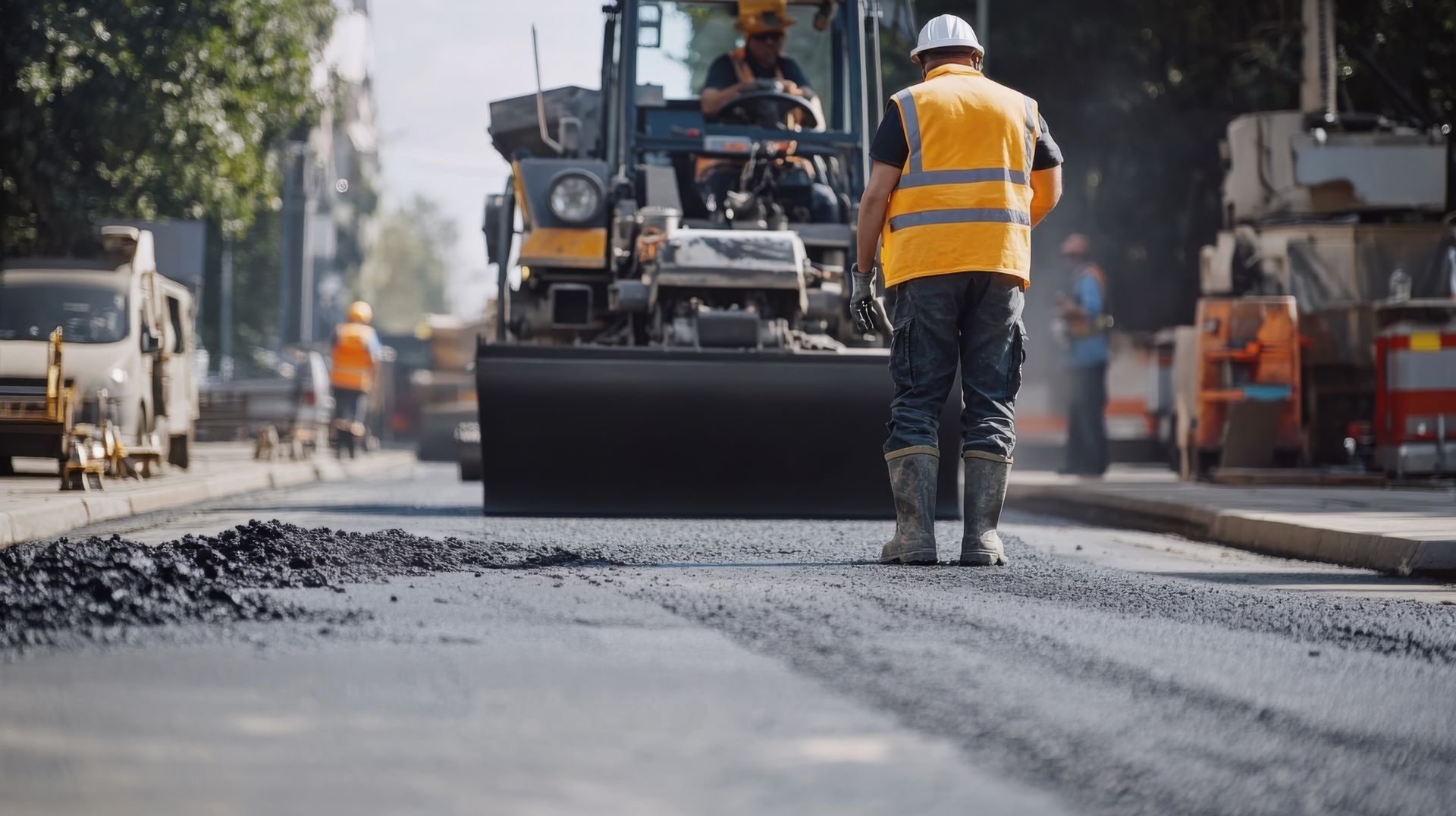 Road workers paving a street. A roller compacts asphalt. One worker in a vest watches.