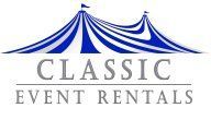 Classic Event Rentals logo with blue draped canopy and gray text on white background