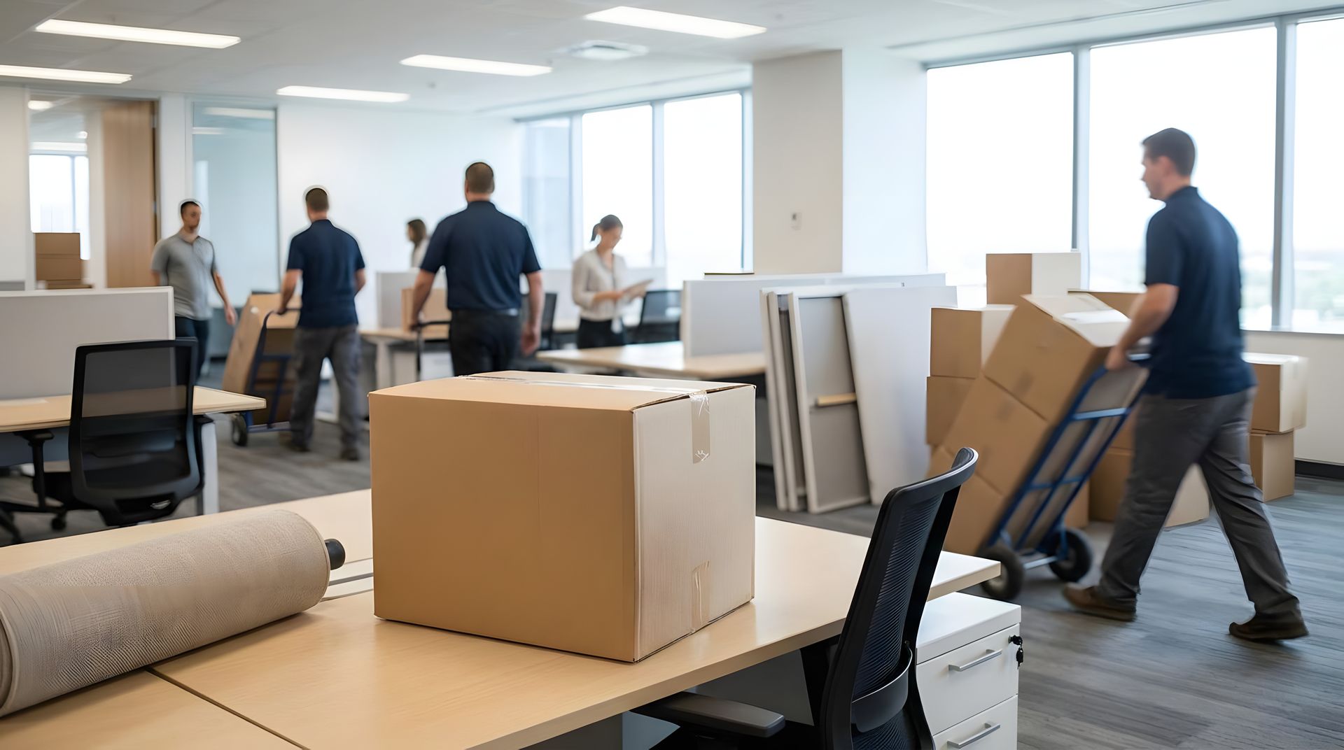 People moving boxes and furniture during an office relocation.