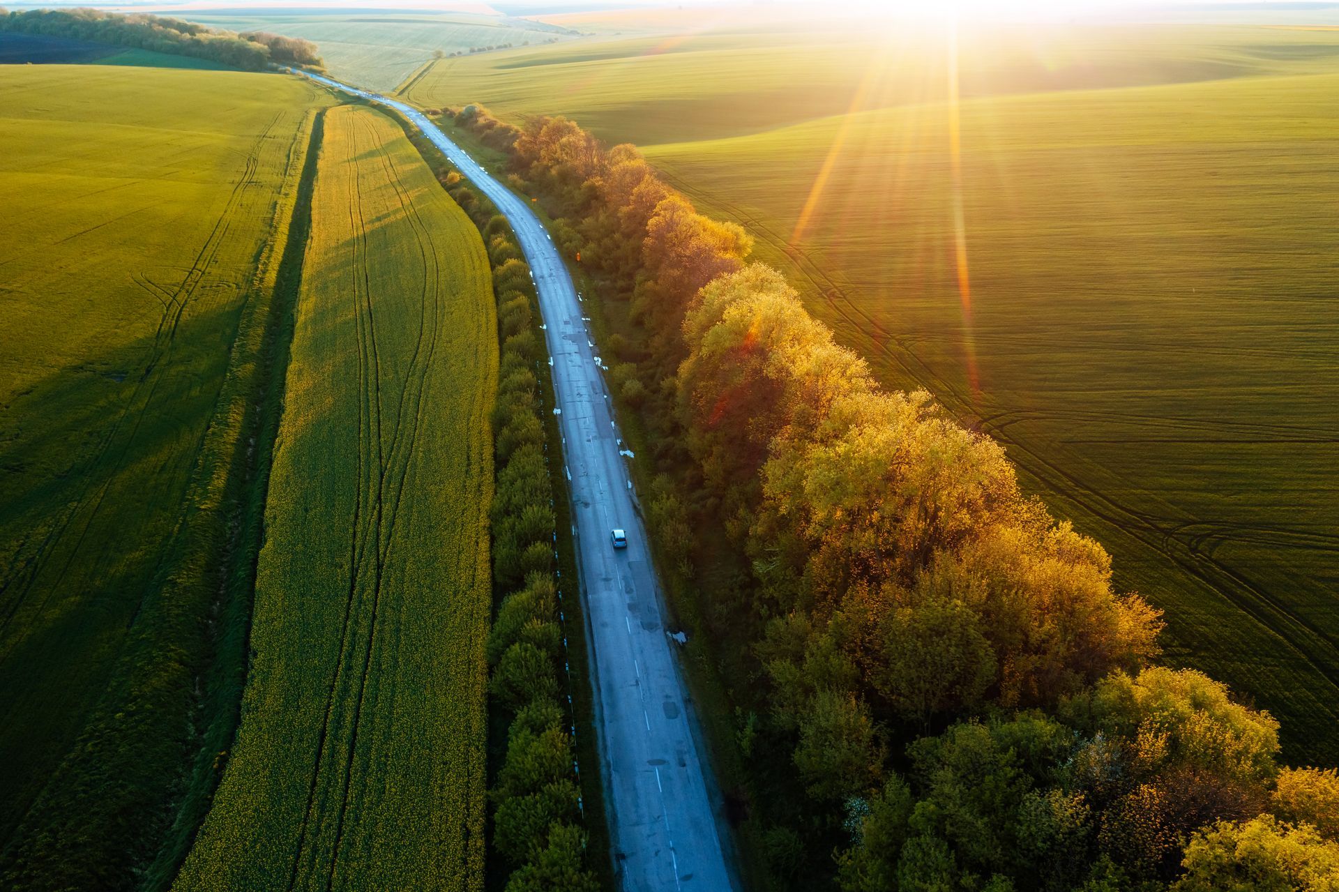 An aerial view of a highway surrounded by trees and fields at sunset.