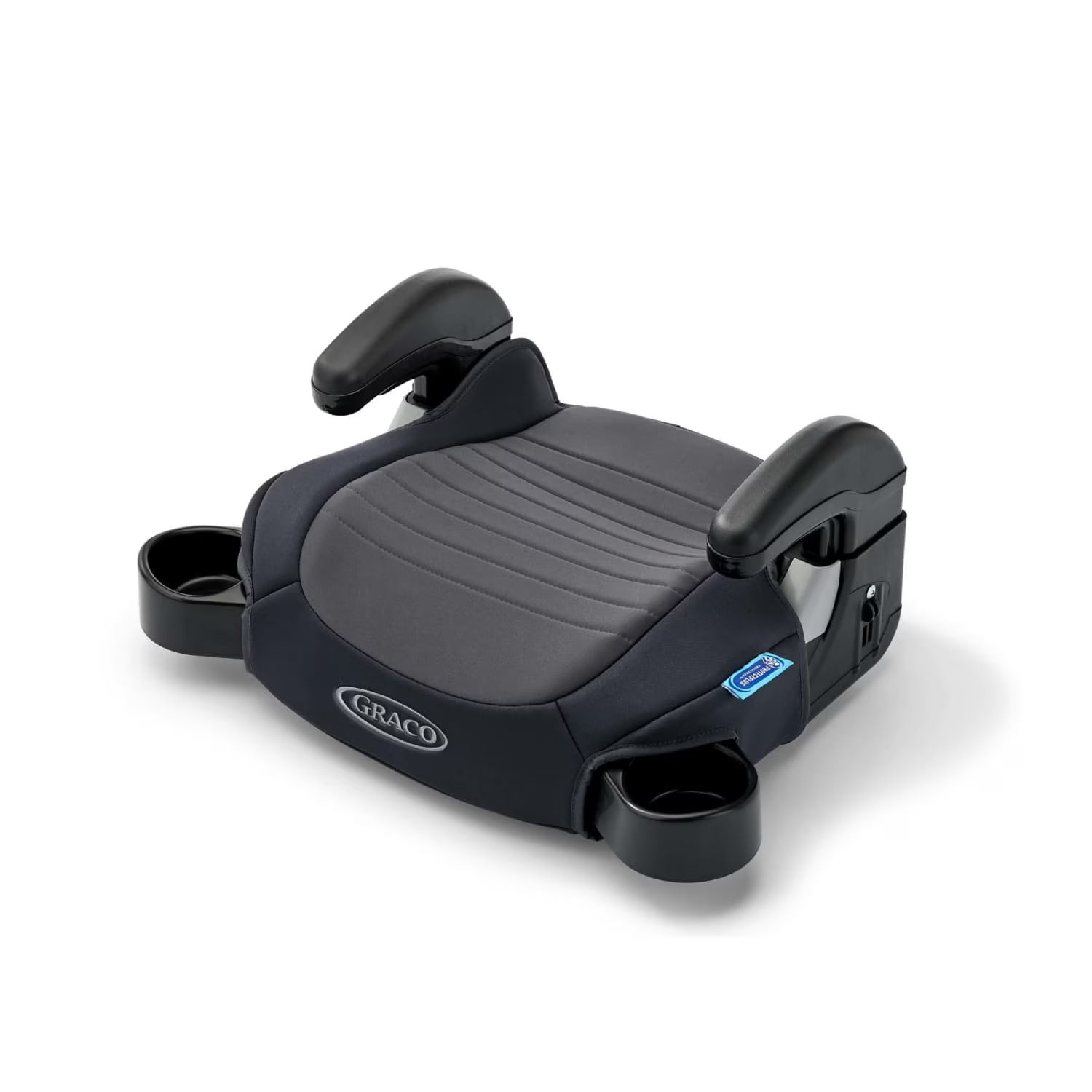 Black and gray child car booster seat with armrests and cup holders on a white background