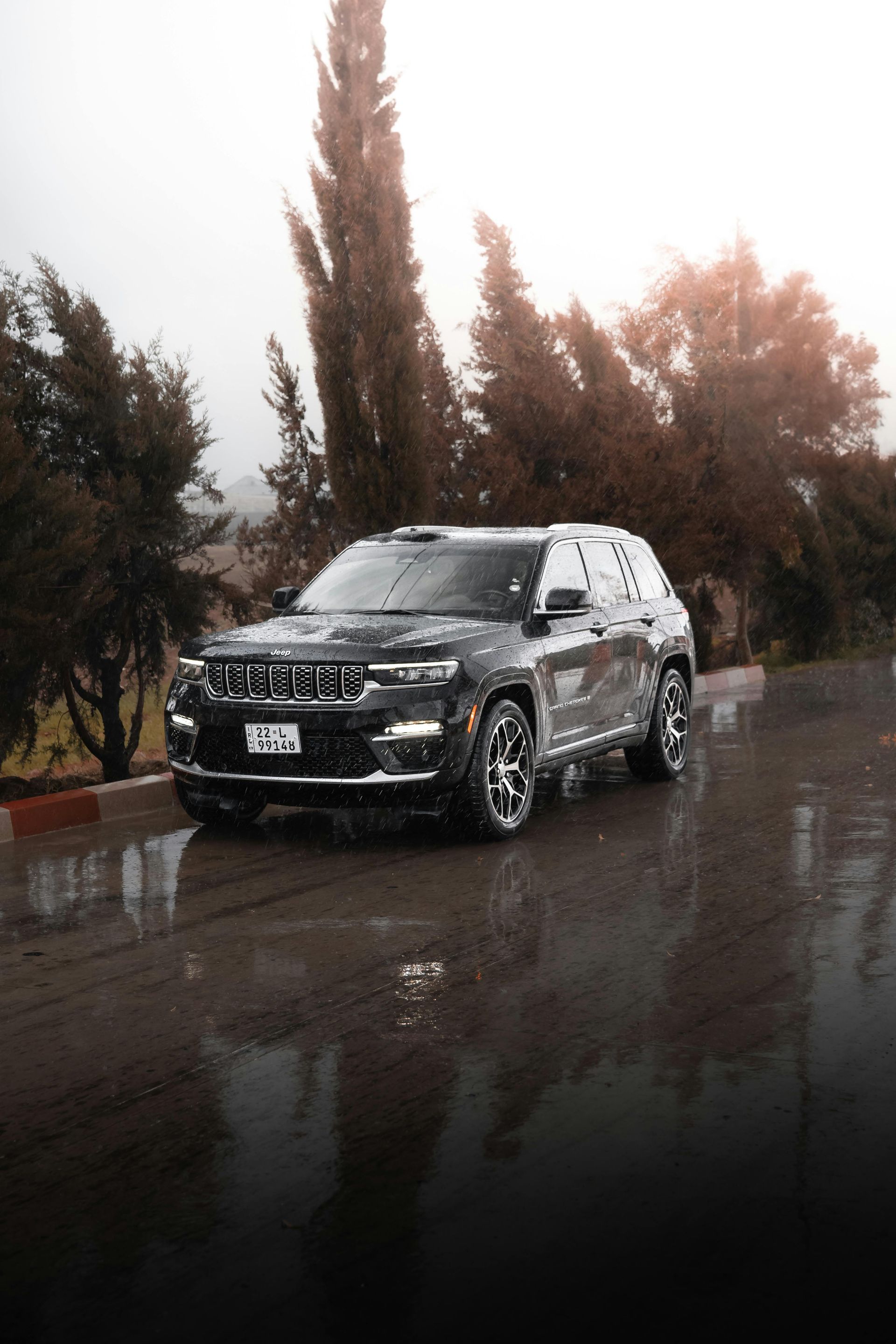 Black SUV parked on a wet road beside trees in light rain, with reflections on the pavement
