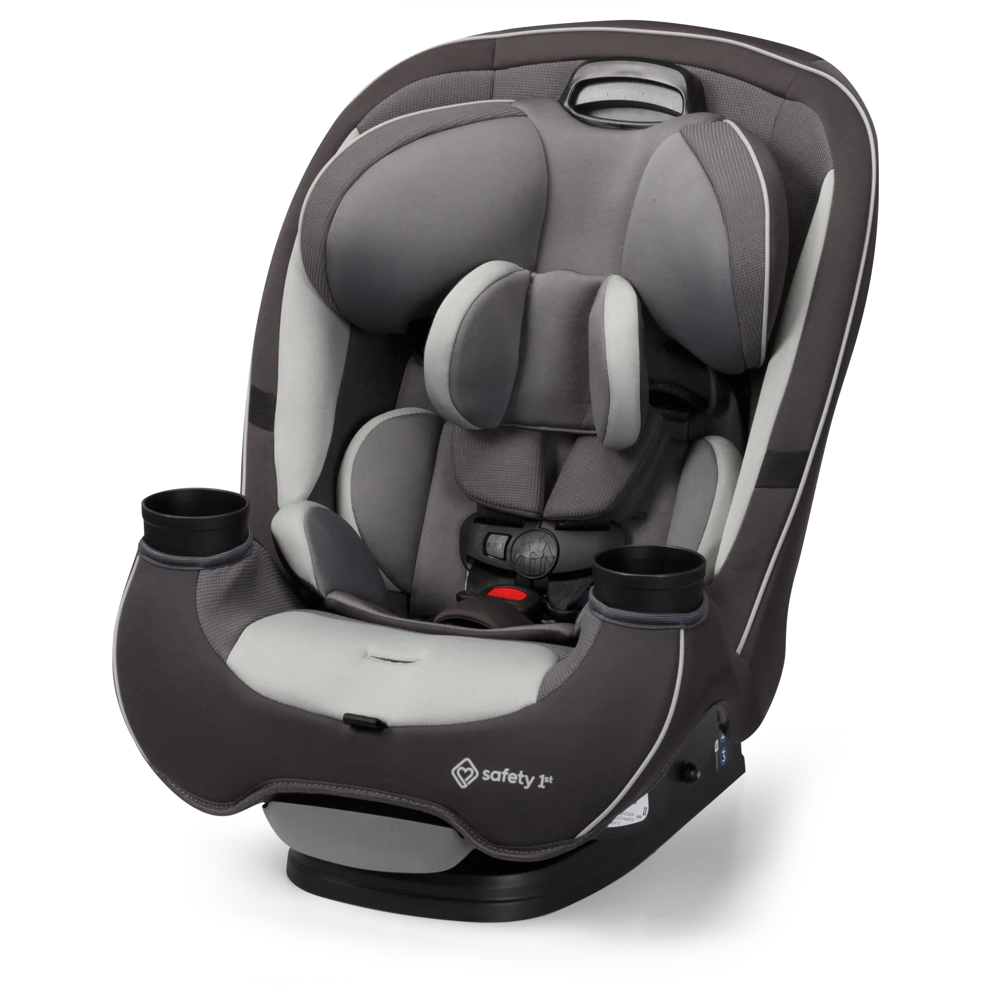 Gray and black baby car seat with plush head support and harness, shown on a white background