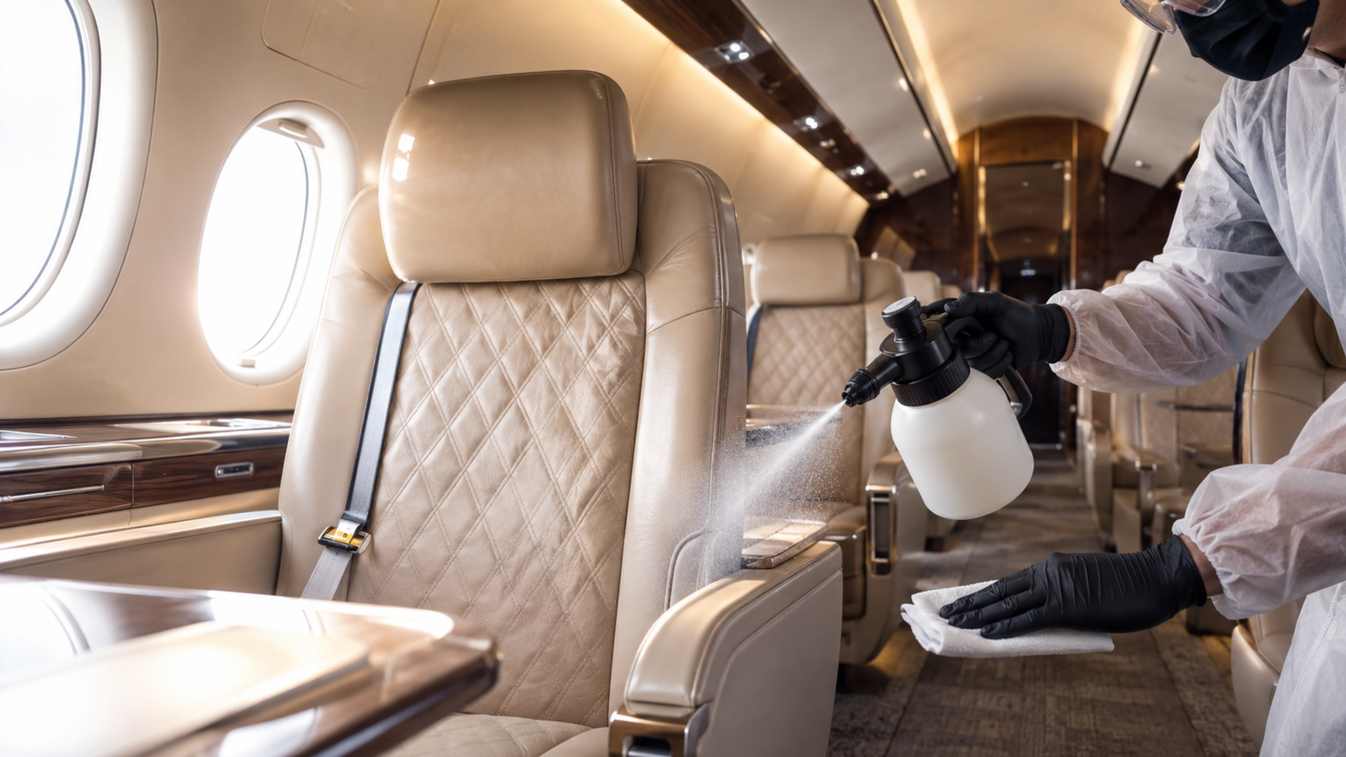 Luxury private jet cabin with beige seats and a person in gloves holding a spray bottle for cleaning