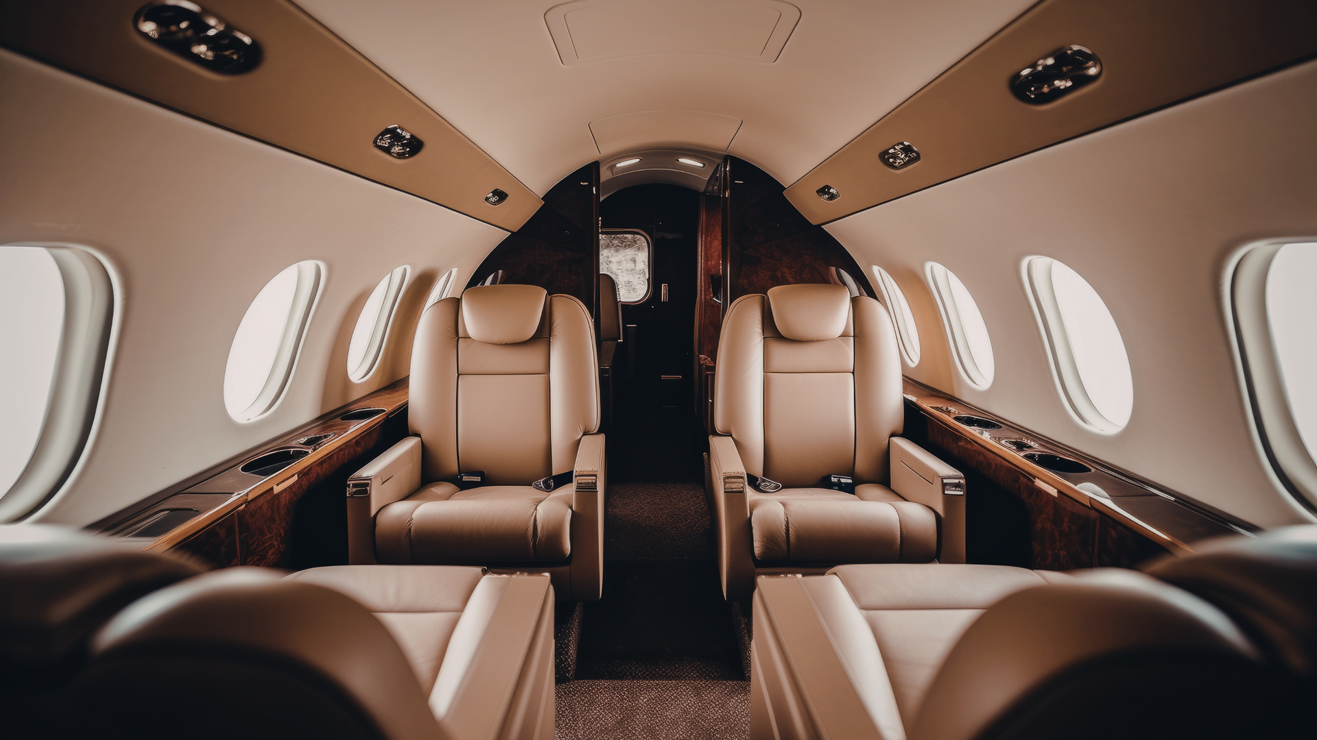 Luxurious private jet cabin with tan leather seats and oval windows, viewed from the aisle