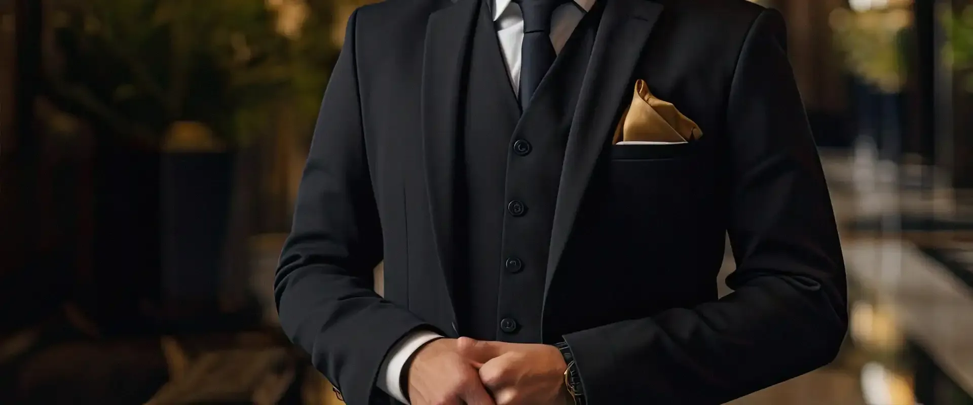 A man in a suit and tie is standing in a hallway.