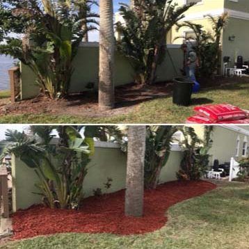 A before and after picture of a garden with red mulch.