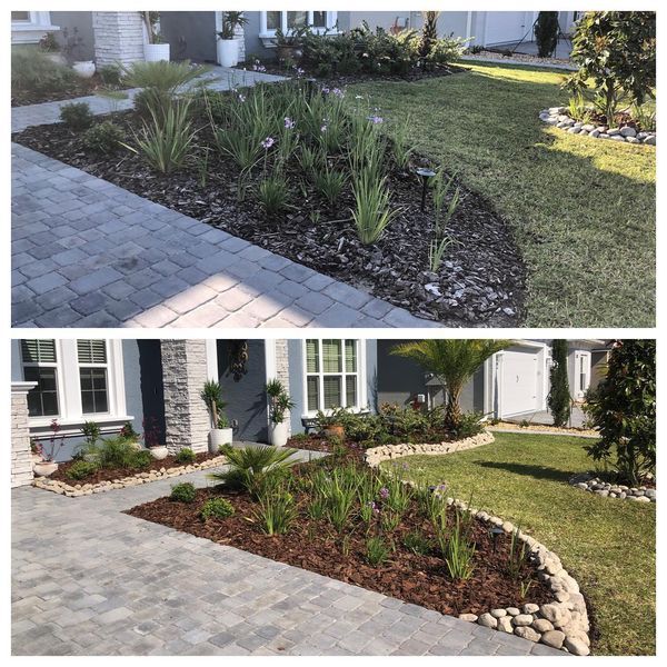 A before and after picture of a garden in front of a house.