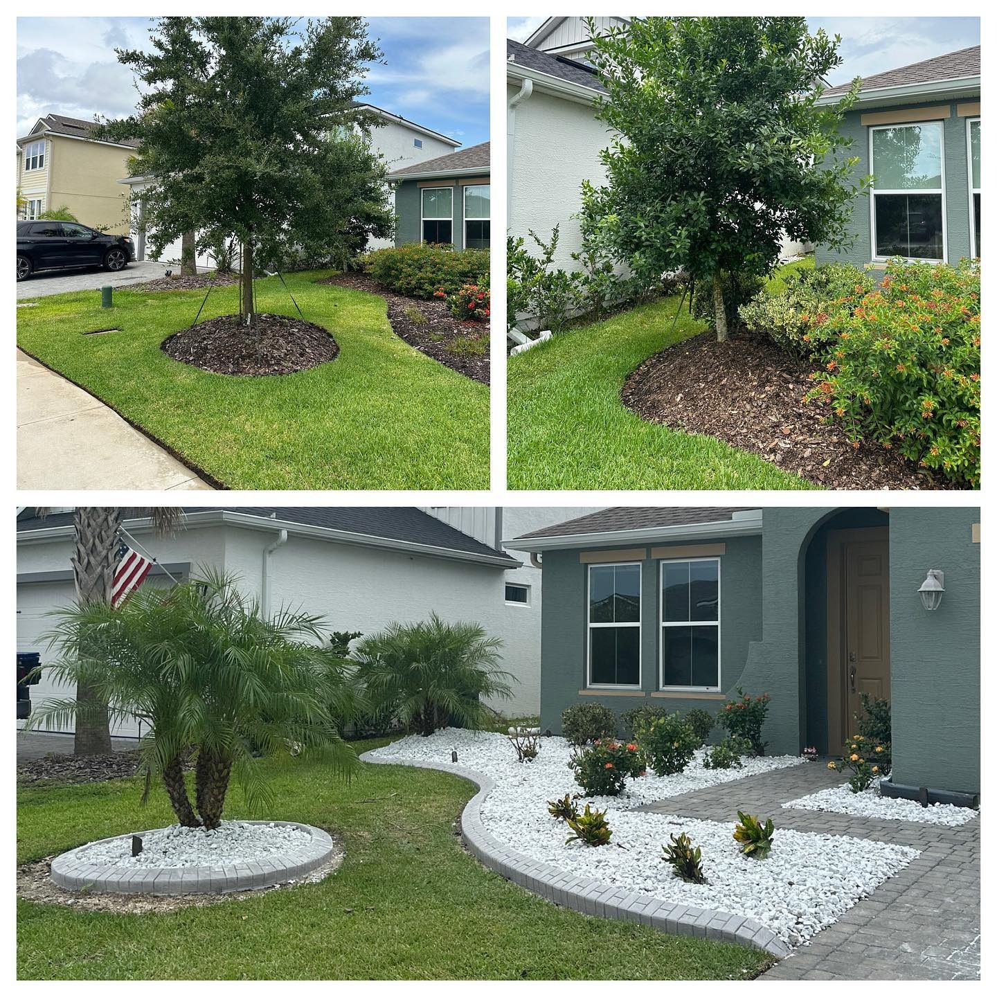 A collage of four pictures of a lawn and a house.