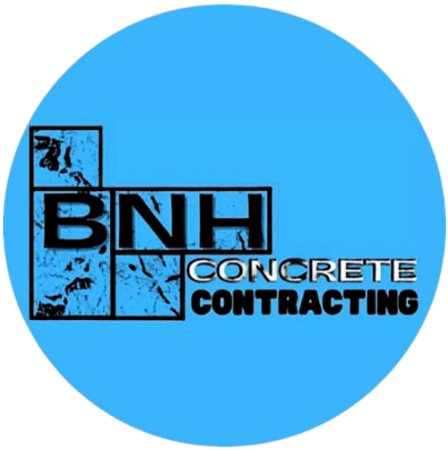Logo for BNH Concrete Contracting, blue circle with black and silver text.