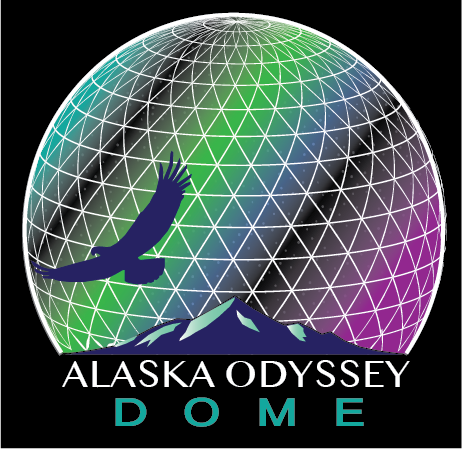 A logo for alaska odyssey dome with a bird and mountain