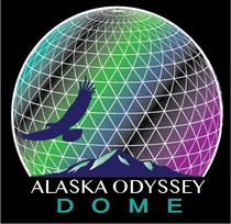 A logo for alaska odyssey dome with a bird and mountain