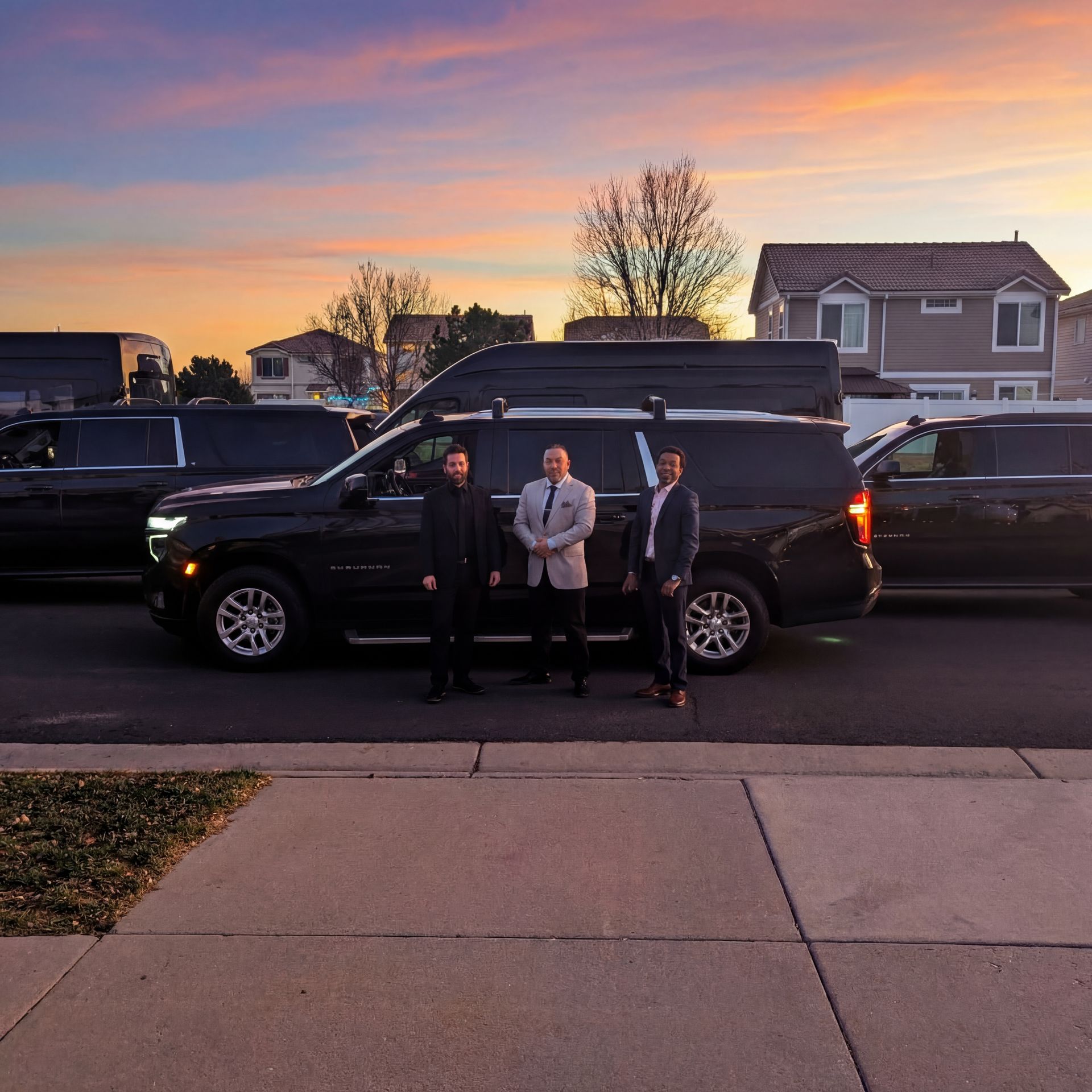 Three people in professional attire stand in front of a line of black SUVs parked on a suburban street at sunset.