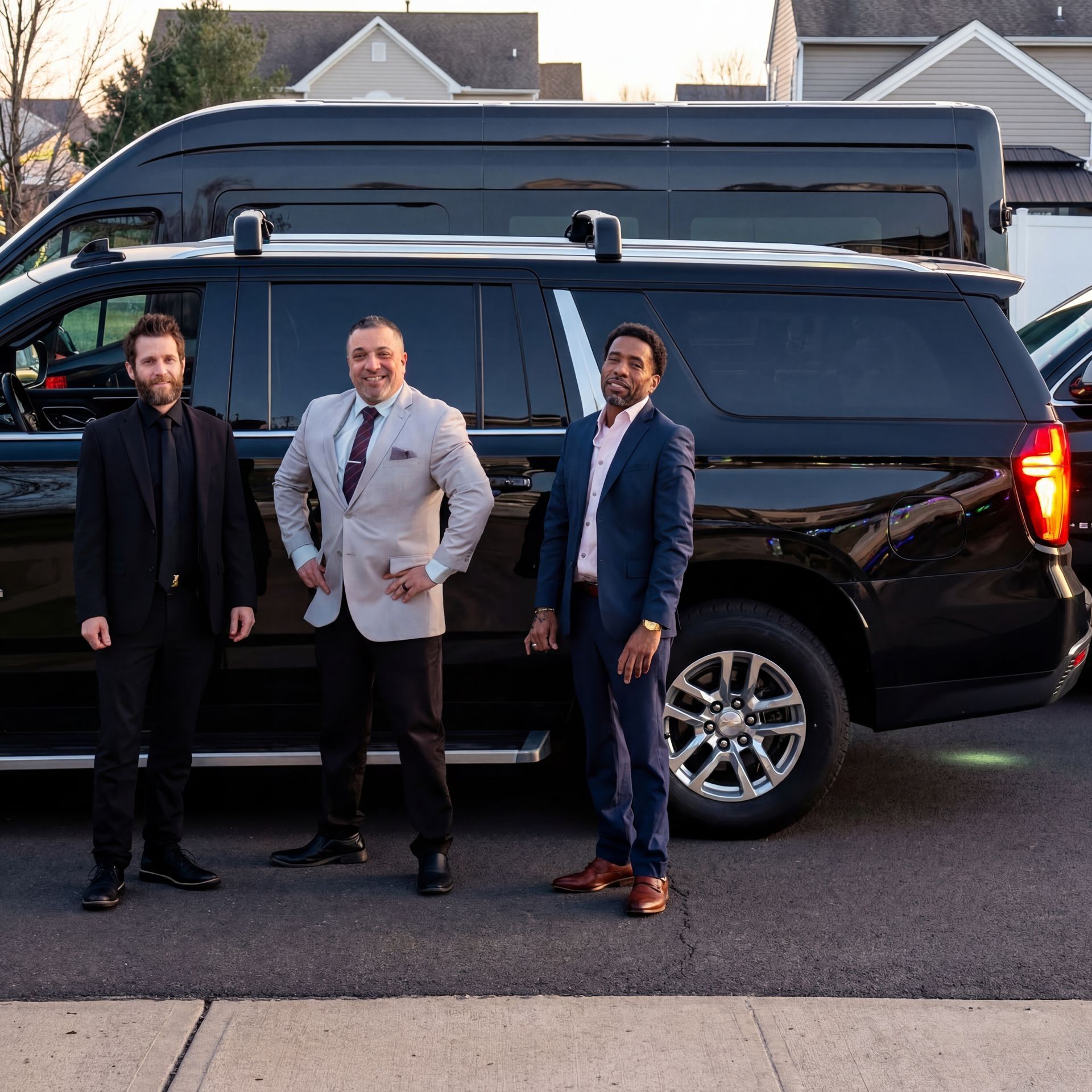 Three men in formal business attire pose in front of a black SUV and a passenger van in a suburban setting.