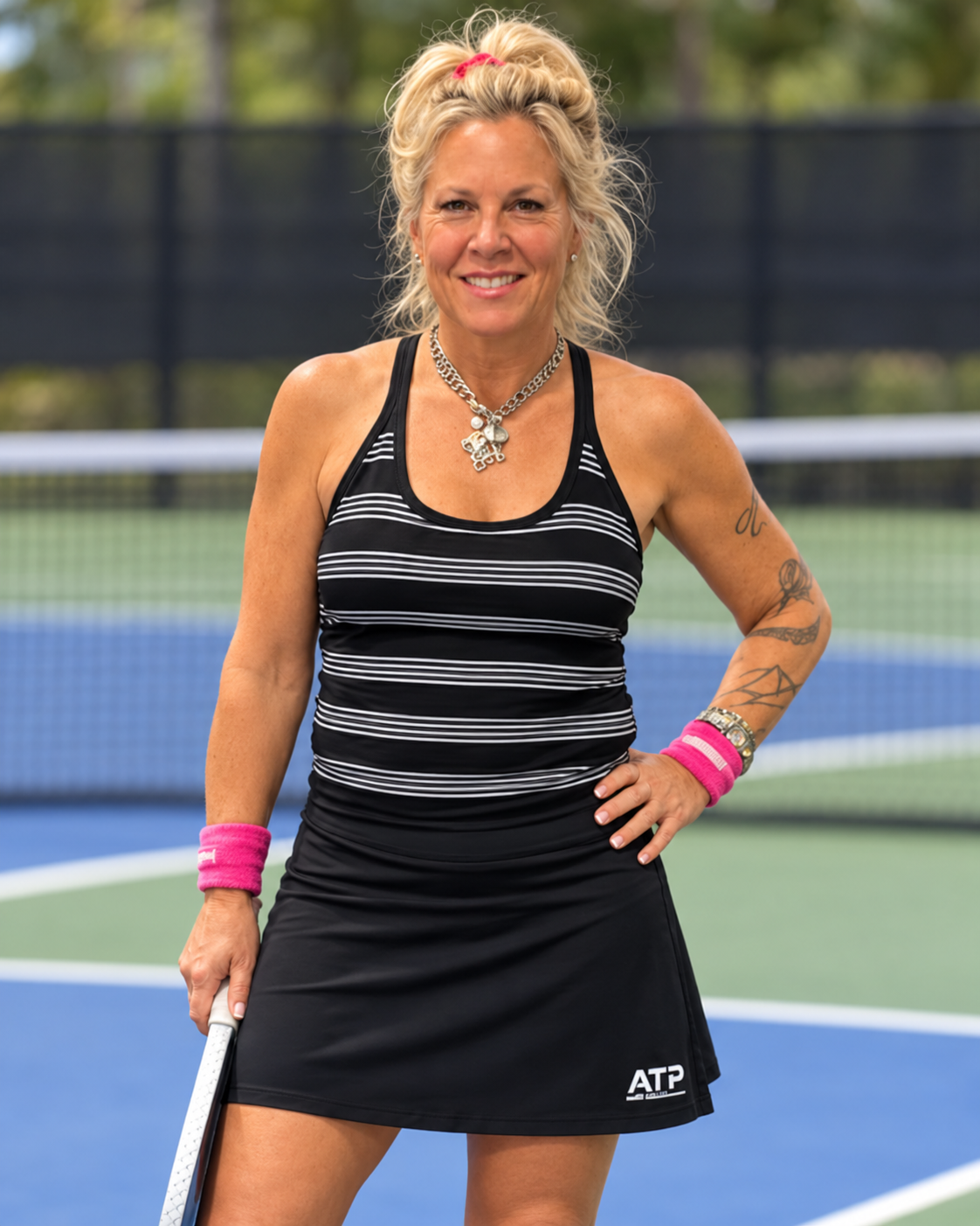 Tennis player lunging at the net to volley a yellow ball on an outdoor court