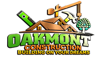 Oakmont Construction logo with green text, house roof, level, hammer, and tree; “Building on Your Dreams”