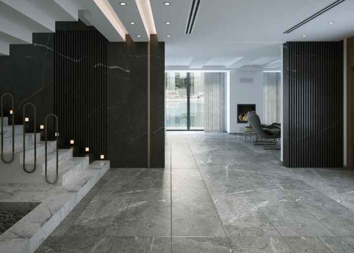 A modern, sophisticated interior design featuring a spacious entryway with a contemporary style.